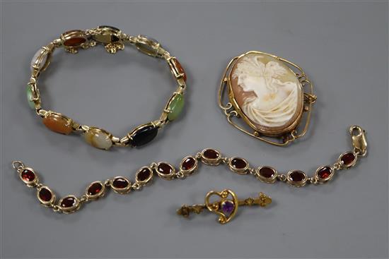 A 9ct gold and gem set bracelet, a yellow metal and hardstone bracelet, a 9ct cameo brooch and 9ct bar brooch.